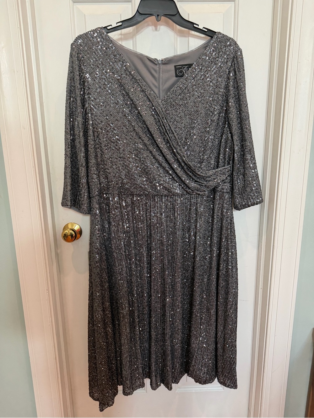 Alex Evenings Silver Sequin Midi Dress with Wrap Bodice